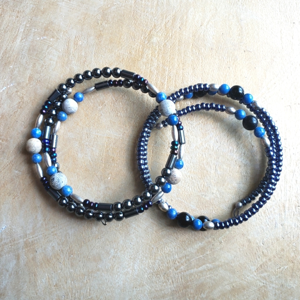 Two Bracelets With Lapis, Jasper, Black Onyx, Hematite, Strerling Silver